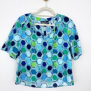 Lesley Evers Womens Blouse Top Size M 100% Cotton Geometric Casual Blue